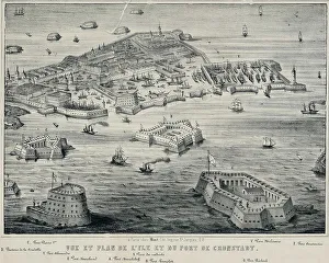 Cronstadt Prints: View and Plan of island and the port of Kronstadt, c. 1850. Artist: Anonymous