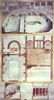Plan Prints: View and plans of the Roman baths at Bath, County Somerset, 1762. Creator: William Hoare