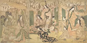 Triptych Of Polychrome Woodblock Prints Gallery: A View of the Pleasures of the Taiko and His Five Wives at Rakuto, 1804