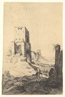 Bartholomeus Gallery: View of Ponte Mammolo, a bridge in the background, a tower with ramp in the middle ground