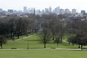 View from the top of Primrose Hill Park, looking towards the City of London, NW1, England