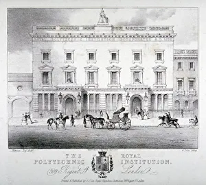 Regent Street Prints: View of Regent Street Polytechnic with horse-drawn vehicles in front, London, c1840