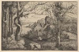 Lautensack Hans Sebald Prints: View on a River, with a Castle on an Island, 1553. Creator: Hans Sebald Lautensack