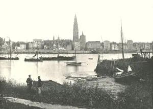 River Scheldt Prints: View across the River to the Cathedral, Antwerp, Belgium, 1895. Creator: Unknown