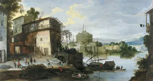 Castel Santangelo Prints: View of a River Port with the Castel Sant'Angelo