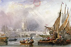 Road Bridge Prints: View of the River Thames and water craft below London Bridge, c1825