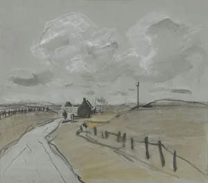 Grey Sky Prints: View along a road with high verges and fences