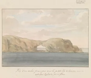 Archipelago Prints: View of rock with hole on small island of Comino near Gozo, 1778. Creator: Louis Ducros