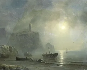Foggy Prints: View of a Rocky Coast by Moonlight, 1830-1880. Creator: Theodore Gudin