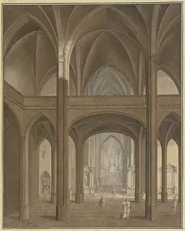 Johann Prints: View of the rood screen and choir of a Gothic church with Renaissance altars
