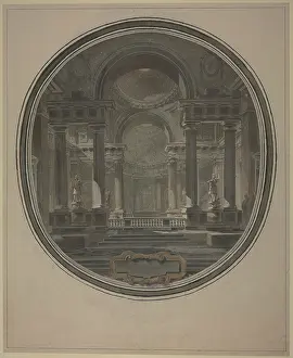 View into the rotunda of an ancient(?) temple, with an empty cartouche below. Creator: Jacques-Francois Blondel