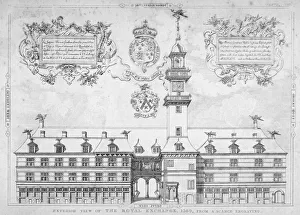 Sir Thomas Prints: View of the Royal Exchange with coats of arms above, City of London, 1569