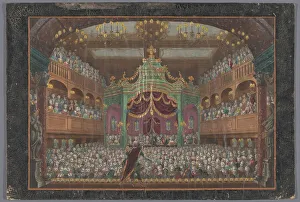 Festivities Prints: View of the royal lodge of the Schouwburg in Amsterdam with a performance for Willem V