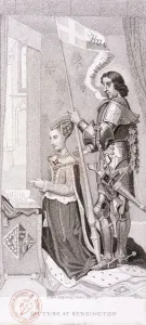 View of royalty kneeling accompanied by an armoured knight, 1796. Artist: A Birrell View of royalty kneeling accompanied by an armoured knight, 1796. Artist: A Birrell