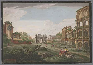Horsewoman Prints: View of the ruins of the Arch of Constantine and the Colosseum in Rome