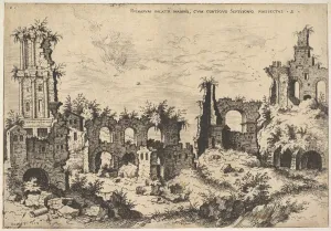 View of ruins on the Palatine Hill with trabeated facade at left and arcades at center