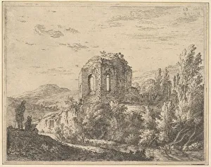View of ruins showing the corner of a building with two arched windows View of ruins showing the corner of a building with two arched windows