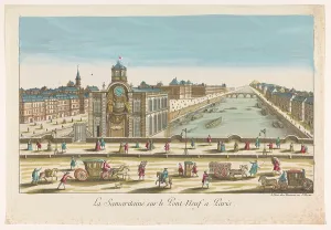 Daumont Jean Francois Prints: View of the Samaritaine water pump on the Pont Neuf over the River Seine in Paris