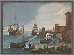 Dockside Prints: View of a seaport with ships and boats on the water