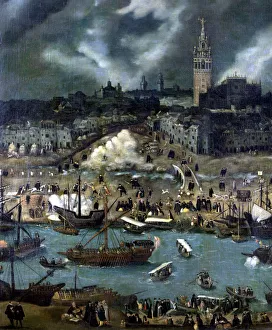Spain Community Of Madrid Prints: View of Seville, detail of the central part. Oil work by Sanchez Coello