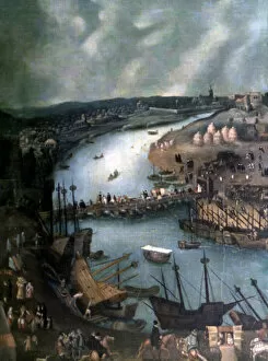 Commerce Gallery: View of Seville, detail of the left side. Oil work by Sanchez Coello