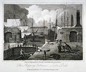 Jc Varrall Prints: View of the shipping entrance to London Docks, Wapping, 1817. Artist: JC Varrall