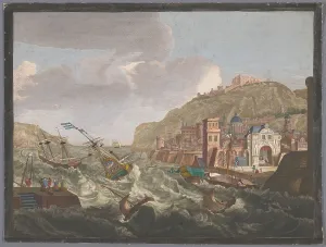Shipping Prints: View of a southern harbor with ships and boats on the wild water