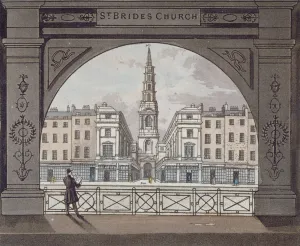 View of St Brides Church, Fleet Street, through an archway, City of London, 1820