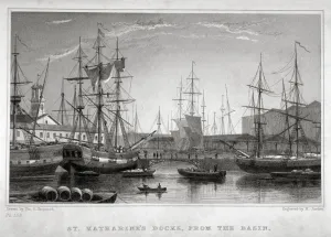 Th Shepherd Prints: View of St Katharines Dock from the basin, London, c1830. Artist: Henry Jorden