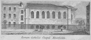 Side view of St Marys Roman Catholic Church, Moorfields, City of London, 1825. Artist