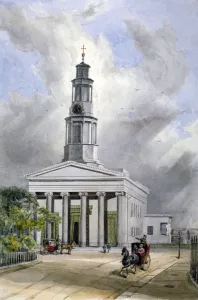 View of St Pancras New Church with carriages on Euston Road, London, 1855. Artist