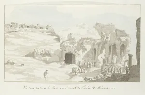 Sicilian Prints: View of part of the stage and wall behind at Taormina theater, 1778. Creator: Louis Ducros
