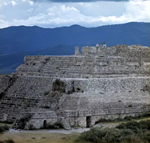 View of the stepped stone pyramid of the ancient city of Monte Alban View of the stepped stone pyramid of the ancient city of Monte Alban