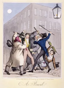 Street Fight Prints: View of a street fight scene at night, City of Westminster, London, 1822