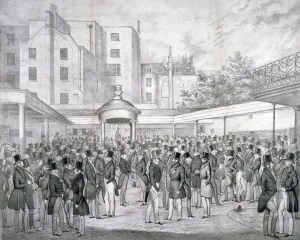 View of Tattersalls horse sale yard at Hyde Park Corner, Westminster, London, c1845