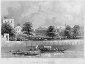 Temple Gardens Prints: View of Temple Gardens from the Thames with boats on the river, City of London, c1850