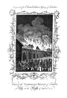 London Bridge Gallery: View of the Temporary Bridge of London on Fire...1758. c1770. Artist: Charles Grignion