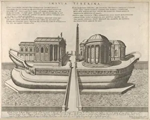 Claudio Duchetti Gallery: View of the Tiber Island represented as a ship, the Temple of Aesculapius at left, 1582