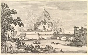 View of the Tiber river, a large tree to left, two groups of women to left in the fore View of the Tiber river, a large tree to left, two groups of women to left in the fore