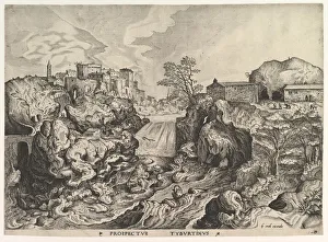 Doetechum Jan The Elder Prints: View of the Tiber (Tivoli) (Prospectus Tyburtinus) from The Large Landscapes, ca. 1555-56