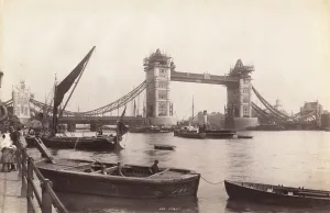 Under Construction Gallery: View of Tower Bridge under construction with river traffic in the foreground, London, c1893