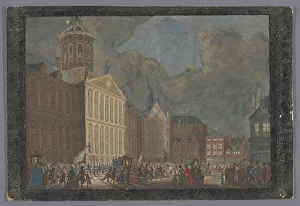 Festivities Prints: View of the town hall in Amsterdam with the arrival of Willem V and Wilhelmina van