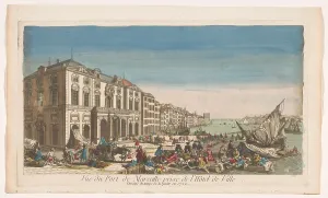 Dockside Prints: View of the town hall and the harbor in Marseille with victims struck by the plague