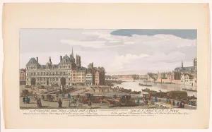 Cargo Boat Prints: View of the Town Hall and the River Seine in Paris, 1749. Creator: Paul Angier
