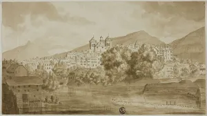 Overlooking Prints: View of Town Overlooking River, n.d. Creator: Unknown