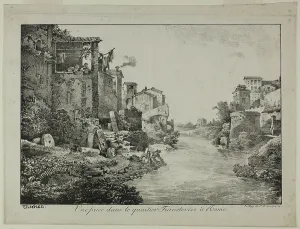 Charles Philibert De Lasteyrie Prints: View in the Trastevere Quarter, Rome, 1817. Creator: Claude Thiénon