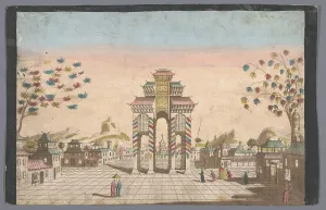 Canton Prints: View of a triumphal arch on a square in Canton, 1700-1799. Creator: Anon