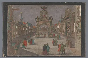 View of a triumphal arch with a two-headed eagle and a portrait bust of Joseph II... 1765-1799. Creator: Anon