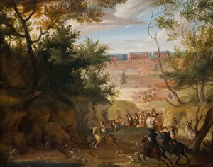 Louis Xiv Gallery: View Of Versailles With Louis XIV And Huntsmen, 1700. Creator: Adam Frans van der Meulen