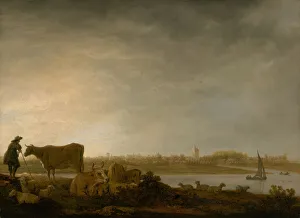 Cuyp Aelbert Prints: A View of Vianen with a Herdsman and Cattle by a River